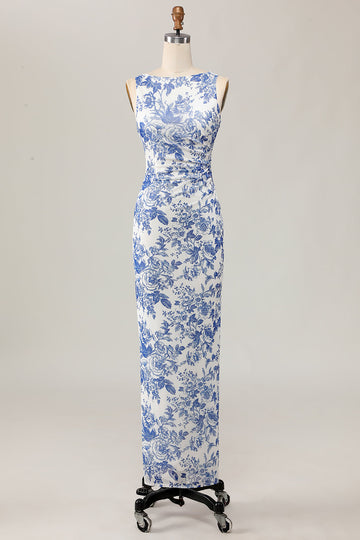 Floral Printed Bodycon White Blue Long Wedding Guest Dress